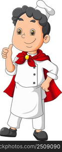 The superhero chef is giving thumbs up and wearing a robe