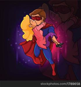 The superhero hold the girl and kissing of illustration