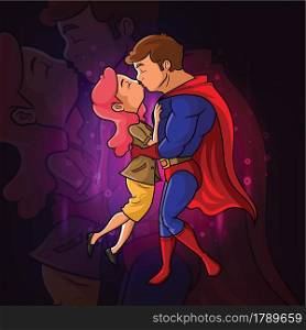 The superhero kissing the beautiful girl of illustration