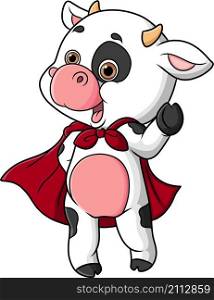 The superhero of cow is waving hand and wearing robe