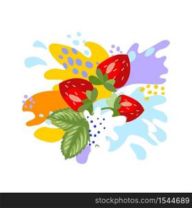 The surge and drop, the movement of the liquid the strawberries in a spray of juice and yogurt, drops and stains. Abstract vector illustrations