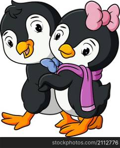 The sweet couple penguins are dancing together