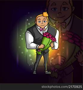 The sweet man is holding a bouquet of flowers esport mascot design