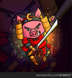 The swordsman pig is attack with the sword esport mascot logo design