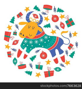 The symbol of 2021 is a bull dressed in a colorful knitted sweater surrounded by gifts, Christmas trees, stars and Christmas decorations. Vector illustration on a white background.. New Year’s Christmas card, vector illustration.