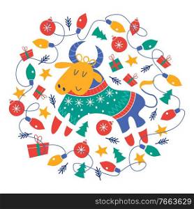 The symbol of 2021 is a bull dressed in a colorful knitted sweater surrounded by gifts and Christmas decorations. Vector illustration on a white background.. New Year’s Christmas card, vector illustration.