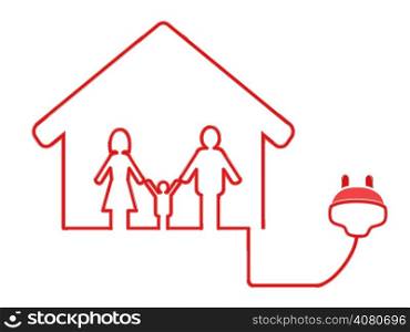 the symbol of family house with electrical plug on white background