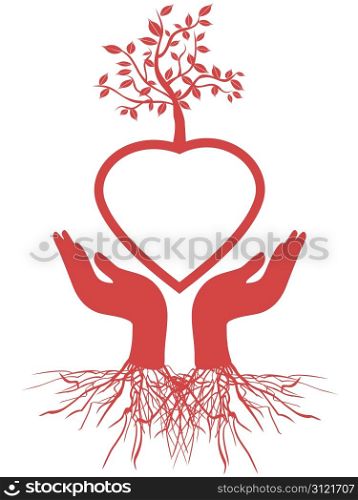 the symbol of hand holding red heart tree