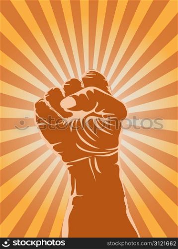 the symbol of powerful fist on sunray background