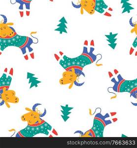 The symbol of the new year 2021 is a bull. Seamless vector pattern on white background.. The symbol of the new year 2021 is a bull. Seamless vector pattern.