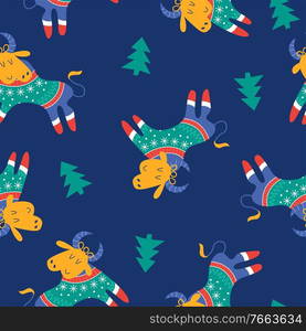 The symbol of the new year 2021 is a bull. Seamless vector pattern on blue background.. The symbol of the new year 2021 is a bull. Seamless vector pattern.