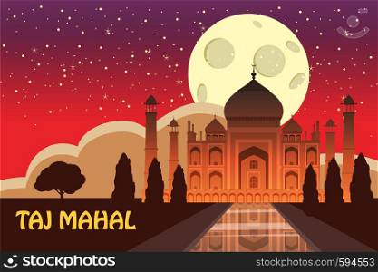 The Taj Mahal. White marble mausoleum on the south bank of the Yamuna river in the Indian city of Agra, Uttar Pradesh. Starry sky. Vector illustration.. The Taj Mahal. White marble mausoleum on the south bank of the Yamuna river in the Indian city of Agra, Uttar Pradesh. Starry sky. Night. Vector illustration.