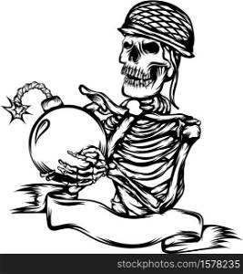 The tattoo illustration of the dead skull use the helmet and hold the bomb