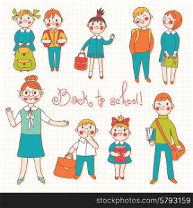 The teacher with the students. Back to school. Vector illustration.
