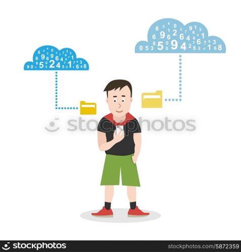 The teenager keeps the phone in his hand. Vector illustration