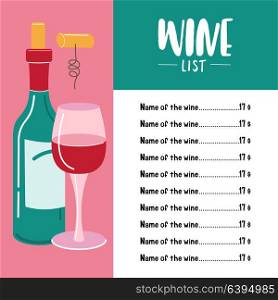 The template menu. Wine list. Wine bottle, glass and corkscrew. Vector illustration.