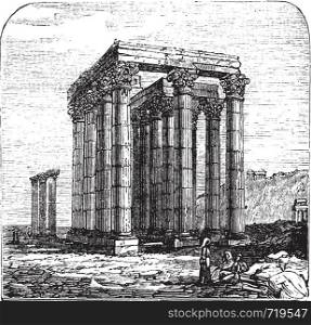 The Temple of Olympian Zeus, Olympieion or Columns of the Olympian Zeus, Greek, Athens. Vintage engraving. Old engraved illustration of The Temple of Olympian Zeus. A colossal ruined temple in the centre of the capital of Athens, Greece.