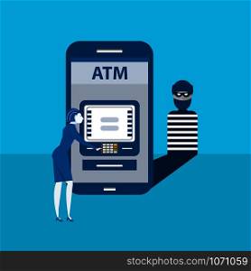 The thief hacks back smart phone with woman pay terminal system.isometric illustration