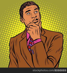 The thinker pose black businessman, an African American, or Hispanic pop art retro vector