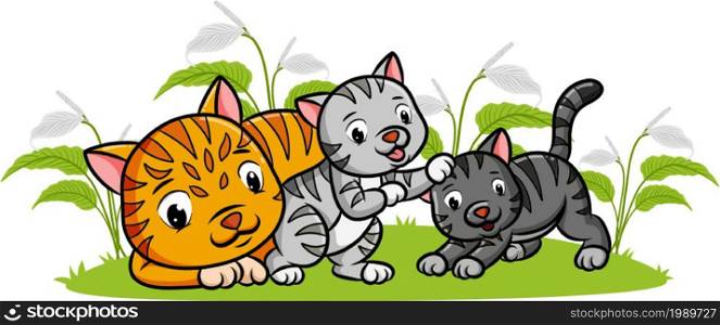 The three cats are playing together in the garden of illustration