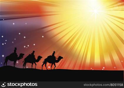 The three wise men crossing the desert following the star of Bethlehem in Christmas Nativity scene
