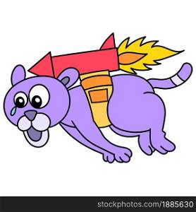 the tiger flies using a rocket on its back, doodle icon image. cartoon caharacter cute doodle draw