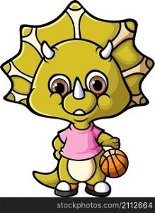 The triceratops is playing the basket ball with the good costume