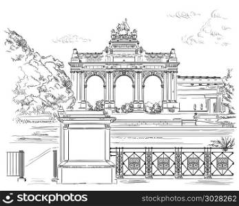 The triumphal arch in the park of the fiftieth anniversary in Brussels (Belgium). Landmark of Brussels. Vector hand drawing monochrome illustration isolated on white background.. The triumphal arch in the park of the fiftieth anniversary in Br