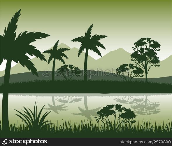The Tropical landscape with palm and river.Vector illustration. Evening in tropic