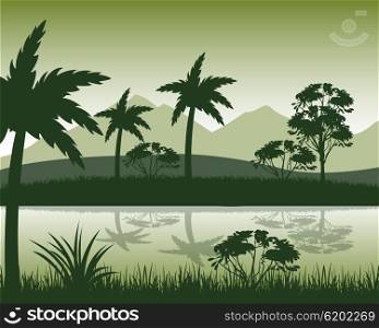 The Tropical landscape with palm and river.Vector illustration. Evening in tropic