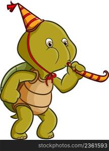 The turtle celebrating the birthday and blowing the trump