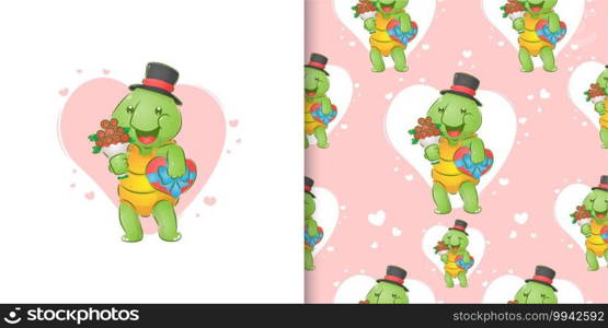 The turtle with the hat is holding the bucket of flowers and a gift love