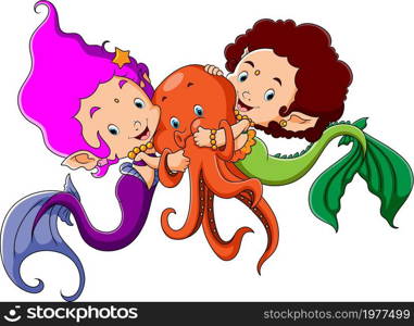 The twins mermaid are hugging the octopus
