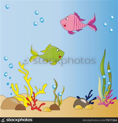 The two fish swimming in the water among the coral and seaweed