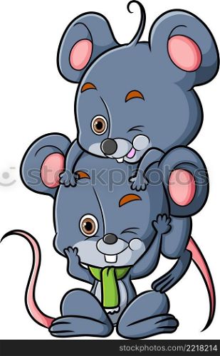 The two mice are playing together and wearing a scarf
