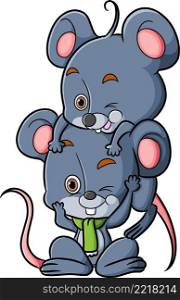 The two mice are playing together and wearing a scarf