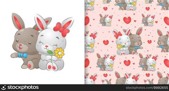 The two rabbits are sitting and loving each other with the happy face in the pattern set