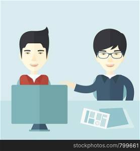 The two young asian businessmen are talking about the marketing proposal with laptop a paper contract to be sign in the meeting room. Business partnership concept. A contemporary style with pastel palette soft blue tinted background. Vector flat design illustration. Square layout.. Two professional businessmen