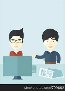 The two young asian businessmen are talking about the marketing proposal with laptop a paper contract to be sign in the meeting room. Business partnership concept. A contemporary style with pastel palette soft blue tinted background. Vector flat design illustration. Vertical layout with text space on top part.. Two professional businessmen