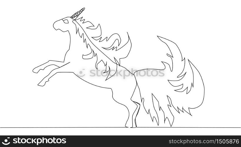 The unicorn is drawn by one black line on a white background. One-line drawing. Continuous line. The unicorn is drawn by one black line on a white background. One-line drawing. Continuous line.