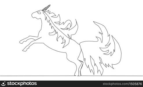 The unicorn is drawn by one black line on a white background. One-line drawing. Continuous line. The unicorn is drawn by one black line on a white background. One-line drawing. Continuous line.