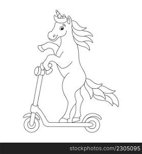 The unicorn rides a scooter. Coloring book page for kids. Cartoon style character. Vector illustration isolated on white background.