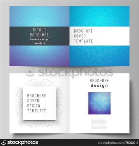 The vector editable layout of two covers templates for square design bifold brochure, magazine, flyer, booklet. Big Data Visualization, geometric communication background with connected lines and dots. The vector layout of two covers templates for square design bifold brochure, magazine, flyer, booklet. Big Data Visualization, geometric communication background with connected lines and dots.