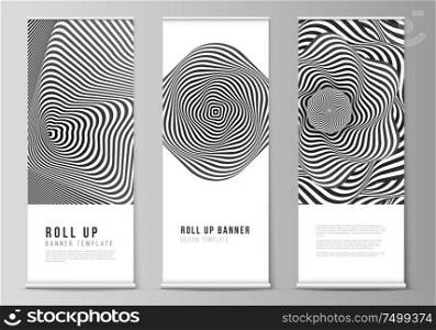 The vector illustration layout of roll up banner stands, vertical flyers, flags design business templates. Abstract 3D geometrical background with optical illusion black and white design pattern. The vector illustration layout of roll up banner stands, vertical flyers, flags design business templates. Abstract 3D geometrical background with optical illusion black and white design pattern.