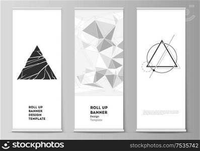 The vector illustration layout of roll up banner stands, vertical flyers, flags design business templates. Abstract geometric triangle design background using different triangular style patterns. The vector illustration layout of roll up banner stands, vertical flyers, flags design business templates. Abstract geometric triangle design background using different triangular style patterns.