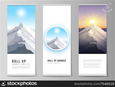 The vector illustration layout of roll up banner stands, vertical flyers, flags design business templates. Mountain illustration, outdoor adventure. Travel concept background. Flat design vector. The vector illustration layout of roll up banner stands, vertical flyers, flags design business templates. Mountain illustration, outdoor adventure. Travel concept background. Flat design vector.
