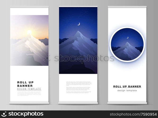 The vector illustration layout of roll up banner stands, vertical flyers, flags design business templates. Mountain illustration, outdoor adventure. Travel concept background. Flat design vector. The vector illustration layout of roll up banner stands, vertical flyers, flags design business templates. Mountain illustration, outdoor adventure. Travel concept background. Flat design vector.