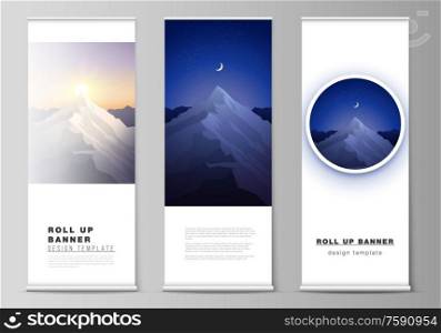 The vector illustration layout of roll up banner stands, vertical flyers, flags design business templates. Mountain illustration, outdoor adventure. Travel concept background. Flat design vector. The vector illustration layout of roll up banner stands, vertical flyers, flags design business templates. Mountain illustration, outdoor adventure. Travel concept background. Flat design vector.