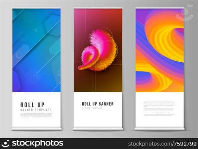 The vector illustration layout of roll up banner stands, vertical flyers, flags design business templates. Futuristic technology design, colorful backgrounds with fluid gradient shapes composition. The vector illustration layout of roll up banner stands, vertical flyers, flags design business templates. Futuristic technology design, colorful backgrounds with fluid gradient shapes composition.