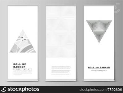 The vector illustration layout of roll up banner stands, vertical flyers, flags design business templates. Abstract geometric triangle design background using different triangular style patterns. The vector illustration layout of roll up banner stands, vertical flyers, flags design business templates. Abstract geometric triangle design background using different triangular style patterns.